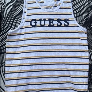 Guess White Tank Top with Navy & Mustard Stripes